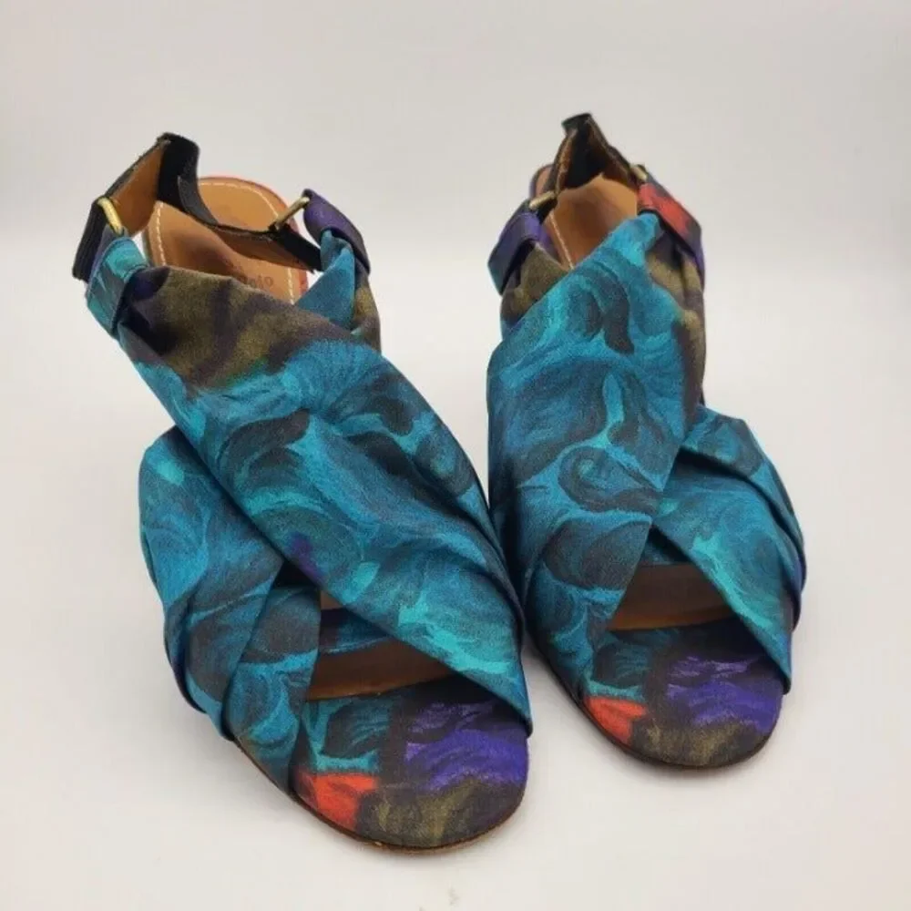 LANVIN Heels sandals Paris Ete 2010 Slingback Rare blue Fabric  Sz 6 5 7 37.5